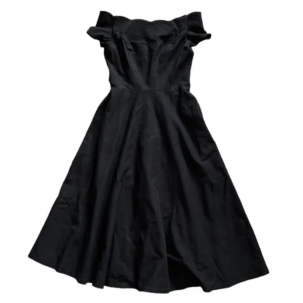 Modcloth Black Scalloped Off Shoulder Classic Midi Flare Dress S